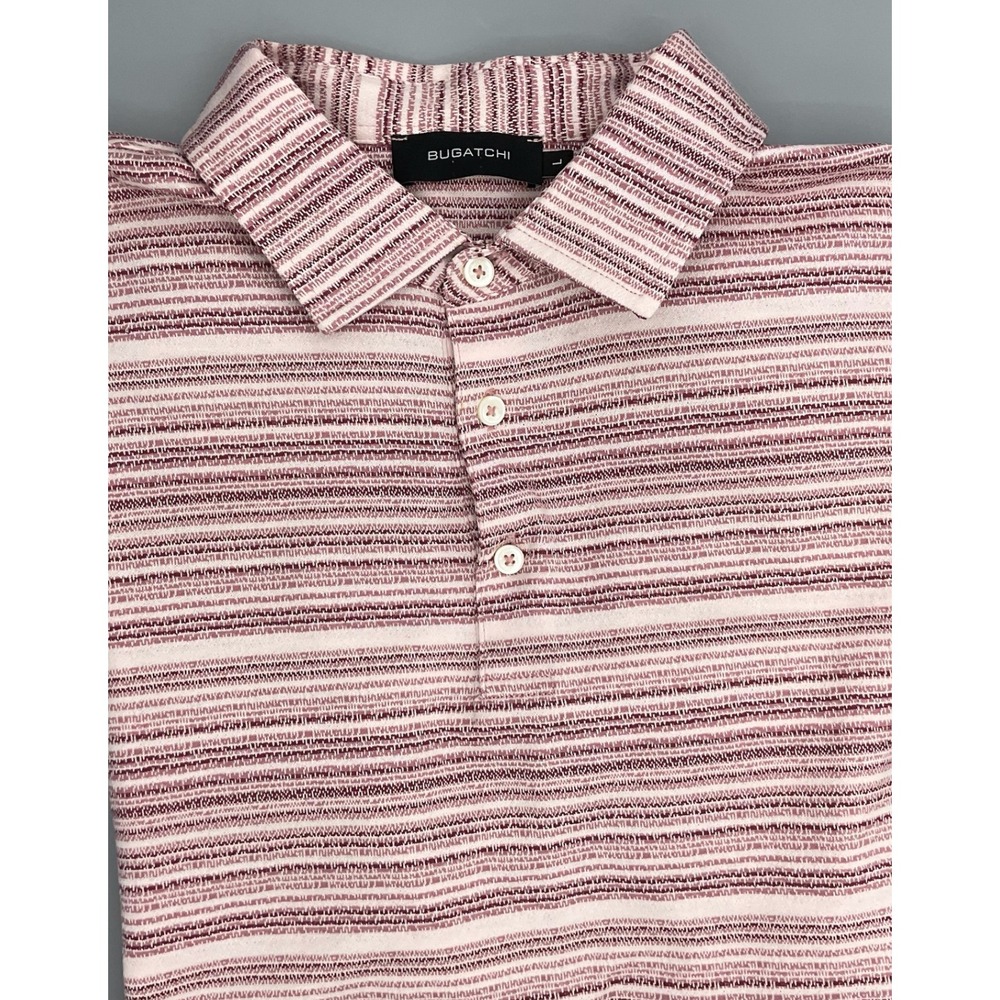 Bugatchi Mens Polo Shirt Mercerized Cotton Burgundy White Textured Stripe Size L